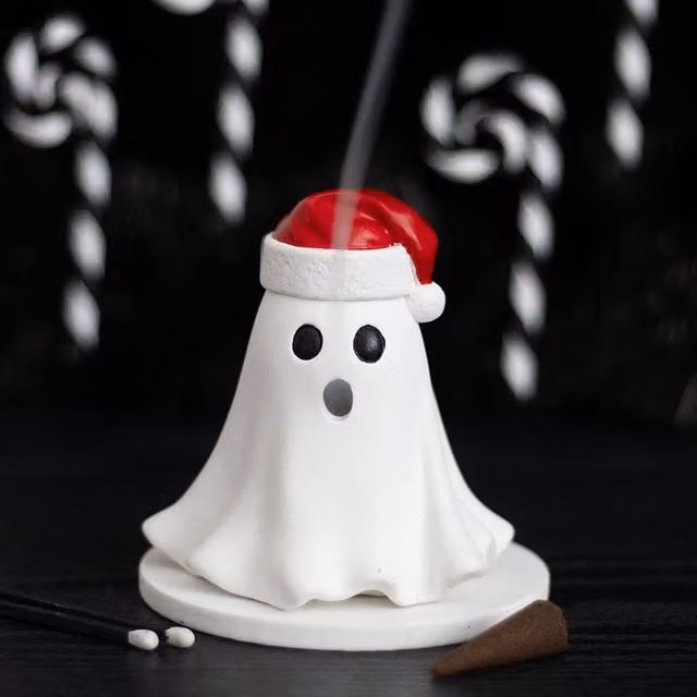 Kingsbury Gifts Ghost with Santa Hat Ceramic Incense Cone Holder, White