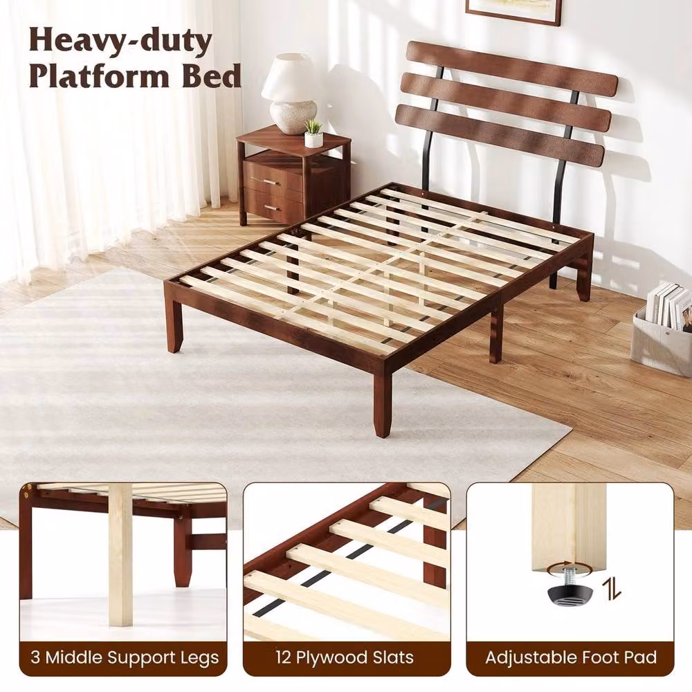 VOGREX Retro Double Solid Wood Bed with Walnut Headboard in Brown, 140 x 200 cm – 4