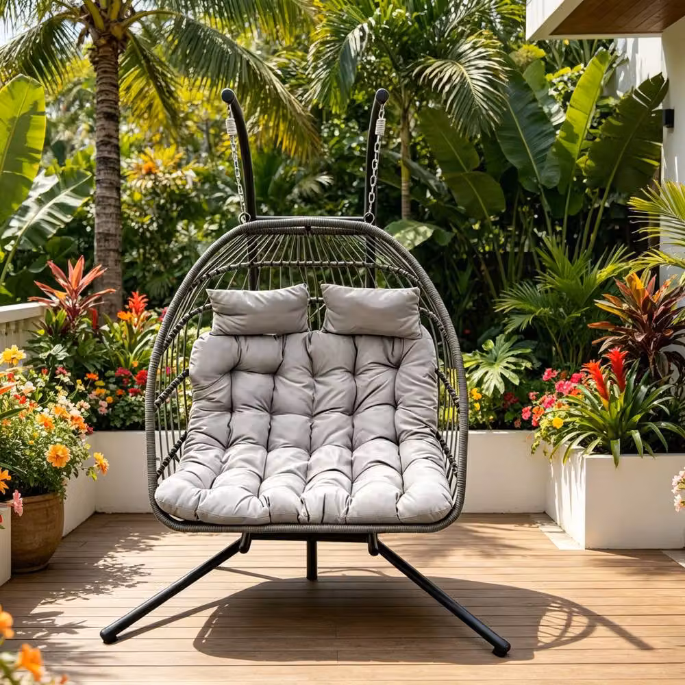 Fimous Rattan Double Hanging Egg Chair for Garden in Grey – 3