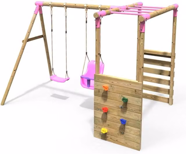 Rebo Luna Wooden Double Swing Set with Climbing Wall and Monkey Bars in Pink