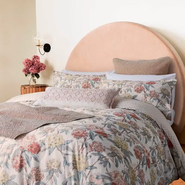 Bedeck of Belfast Marielle Super Kingsize Cotton Percale Duvet Cover Set with Pillowcases, Floral Multicolour Coral, Yellow and Red, 200 x 200 cm