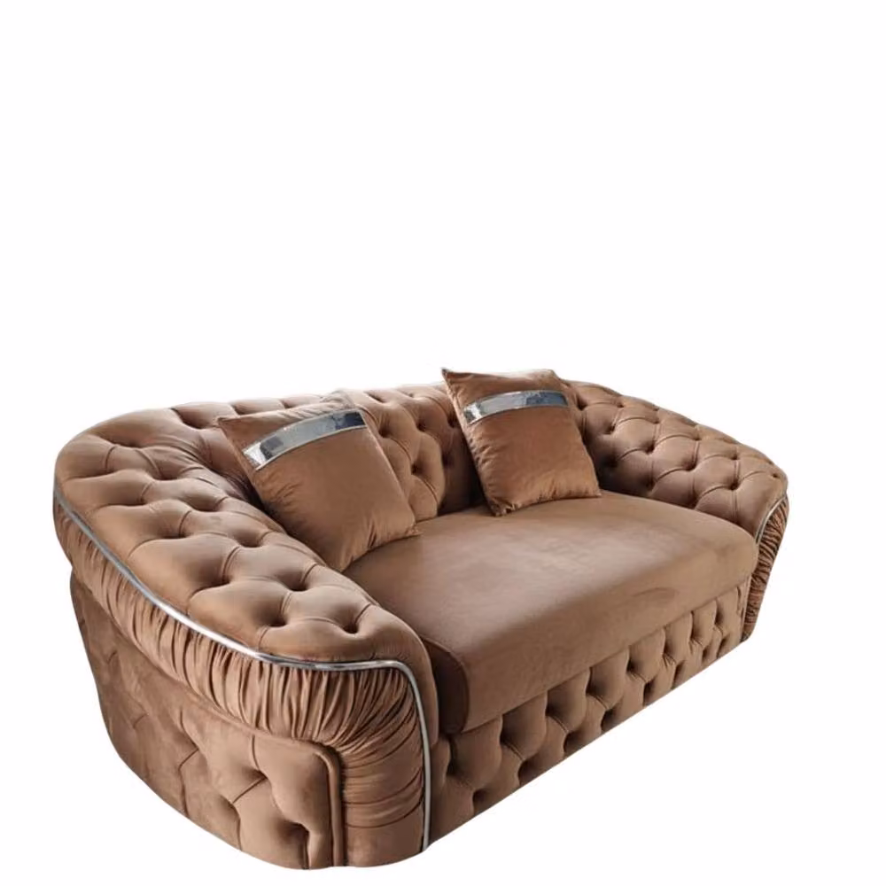 Stratus Interiors Ambassador Chesterfield 2 Seater Sofa in Medium Beige Plush Velvet with Silver Trim – 2