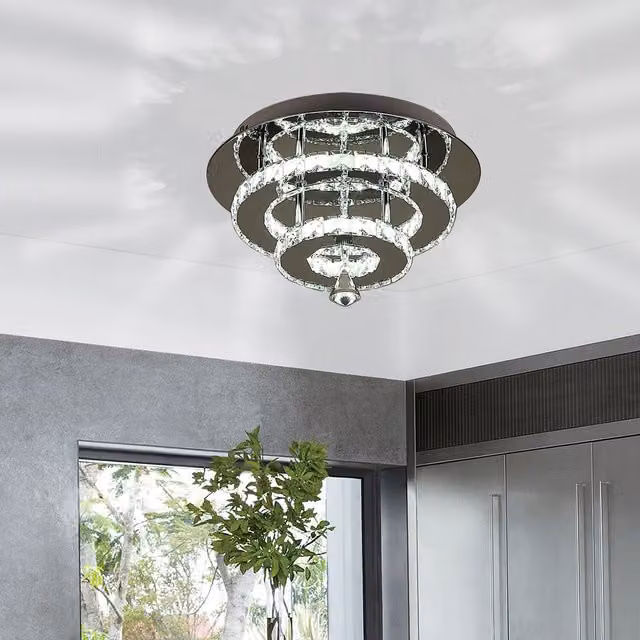 Livingandhome Tiered LED Crystal Ceiling Light in Chrome and Transparent with Cool White Light