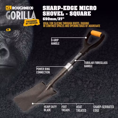 Roughneck Gorilla Sharp-Edge Micro Shovel with Heavy-Duty Square Blade and Short Shaft for Digging and Opening Bulk Bags, Length: 690 mm – 2