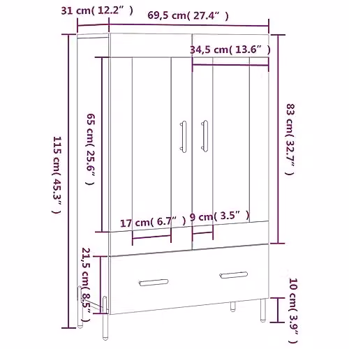 vidaXL Modern Highboard in Smoked Oak with Glass Doors and Internal Shelves, W/D/H: 69.5 x 31 x 115 cm – 3