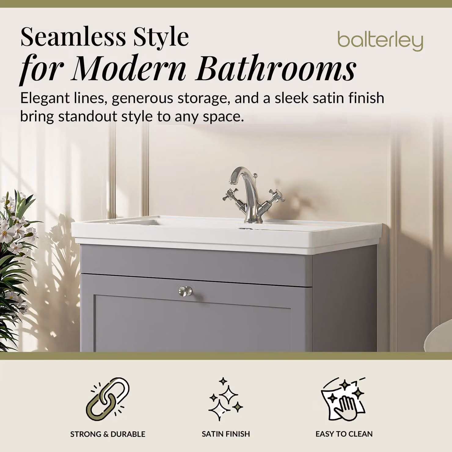 Balterley Wall Hung 1-Drawer Bathroom Vanity Unit and Fireclay Basin, Grey, Width: 80 cm – 2