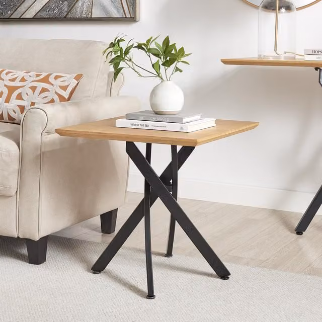 FurnitureboxUK Leonardo Square Oak Veneer and Black Side Table in Light Brown