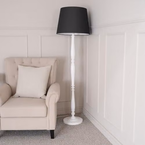ValueLights Traditional White Wood Candlestick Floor Lamp with Black Fabric Tapered Shade and Included LED Bulb, H 155 cm x W 45 cm x D 45 cm – 2