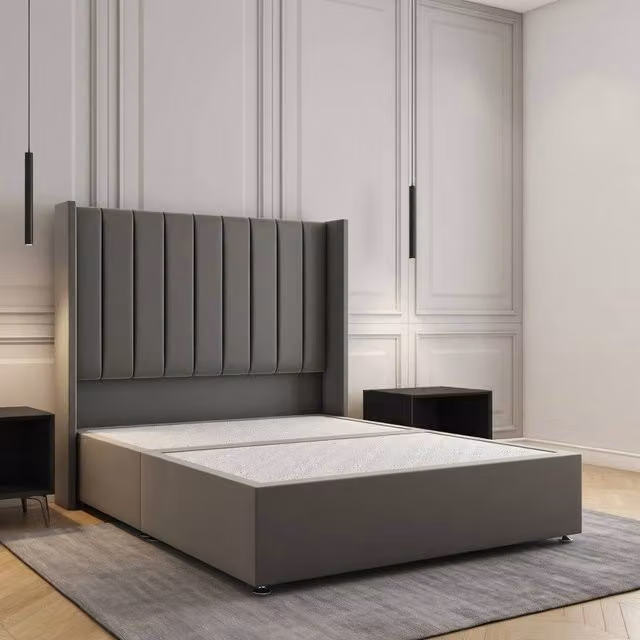 Regional Furnishings Double Plush Velvet Divan Bed with 54 inch Headboard in Grey, W/D/H: 140 x 200 cm