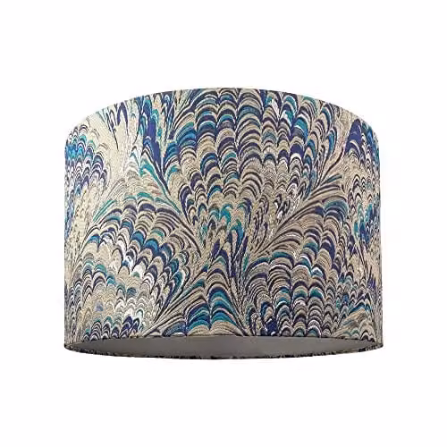 Happy Homewares Peacock Print Cylinder Drum Lamp Shade in Multicolour Grey, Blue and Silver Cotton, Diameter: 25 cm – 1