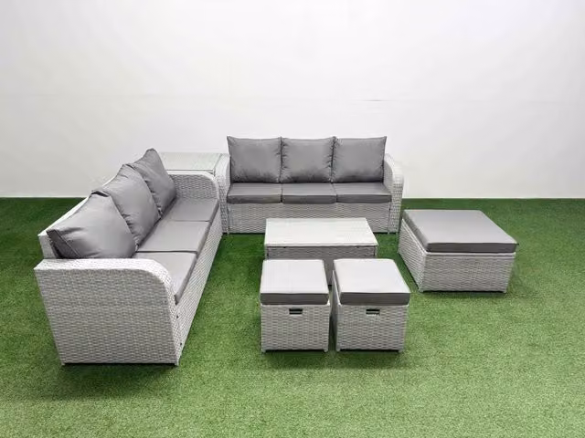 Fimous 9 Seater Grey Rattan Garden Furniture Set with High Back Lounge Sofa, Coffee Table and 3 Ottomans