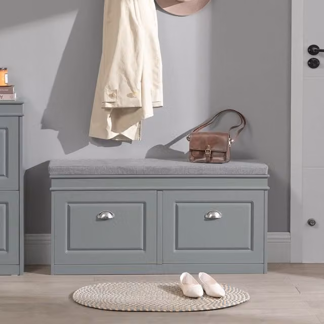 SoBuy Grey Shoe Bench Rack with Flip-drawer and Upholstered Frame