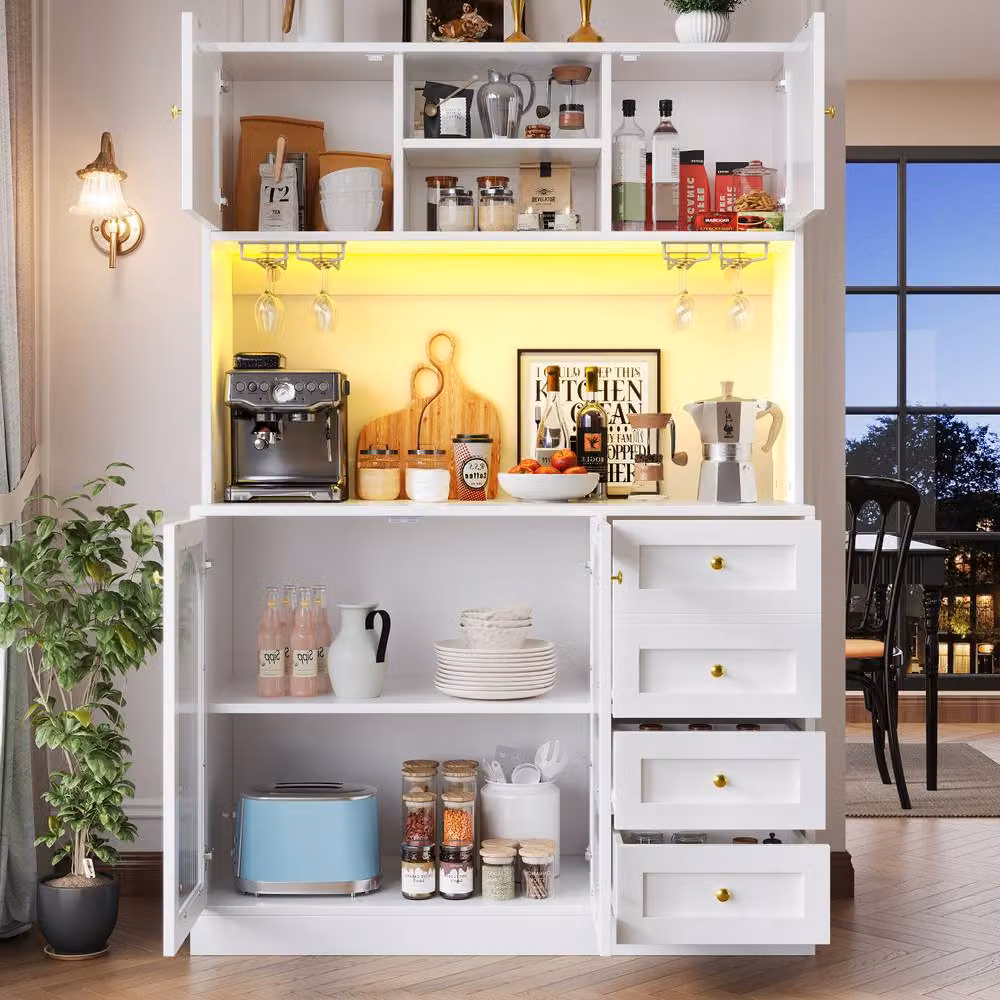 Merax White Kitchen Dresser with Integrated LED Lighting, Glass Doors, Wine Glass Holder and Drawers, W/D/H: 120 x 40 x 188 cm – 2