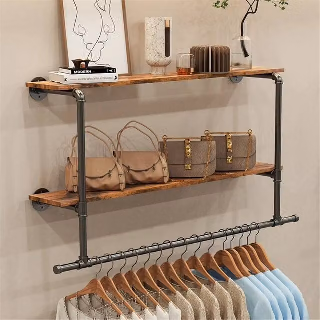 FORGEVIO Wall Mounted Industrial Pipe Garment Rack with 2 Tier Metal Storage Shelves in Black and Brown – 1