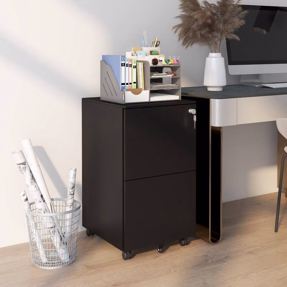 Rolipo Black Lockable 2-Drawer Steel Mobile Filing Cabinet with Castors – 3