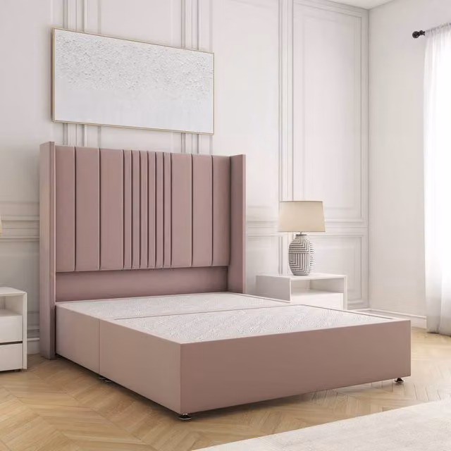 BSSPOKE Charlotte Small Double Divan Bed with 54 inch Plush Velvet Headboard in Pink, W/D/H: 120 x 200 cm