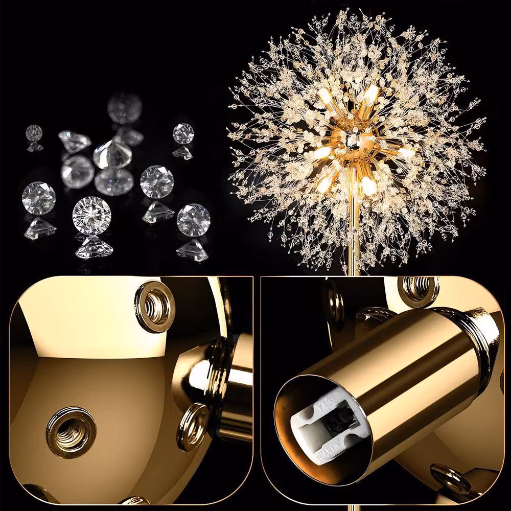INMTFEI Gold Dandelion Crystal Pendant Hanging Chandelier with Adjustable Cord and Warm White LED Light – 4