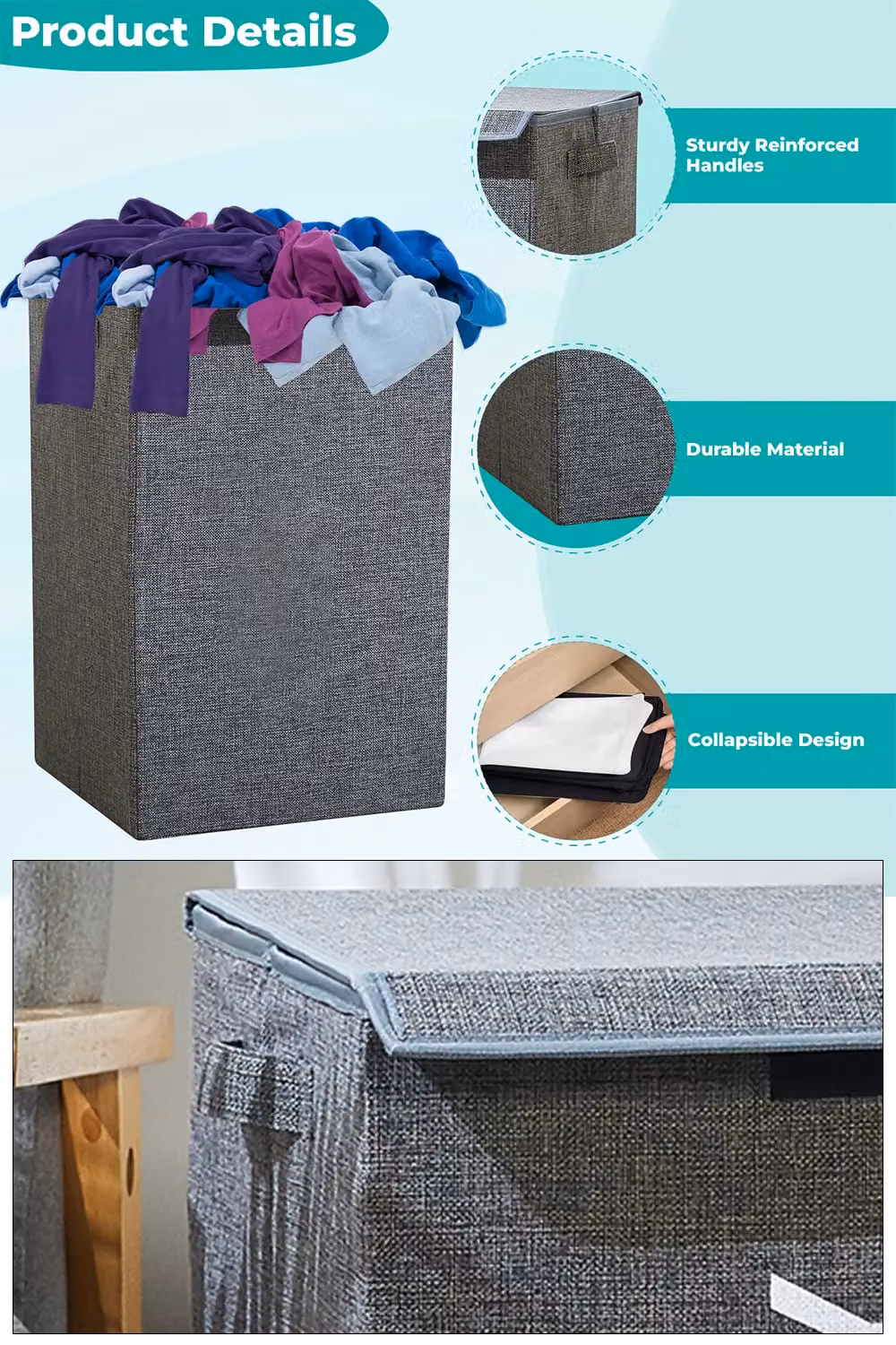 Neel Blue Collapsible Fabric Laundry Basket with Lid and Handles, Grey, 57L – 3