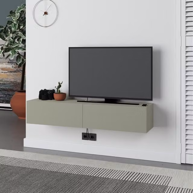 HOCUS PICUS Modern Floating TV Stand with 2 Door Storage Cabinet in Ash Green