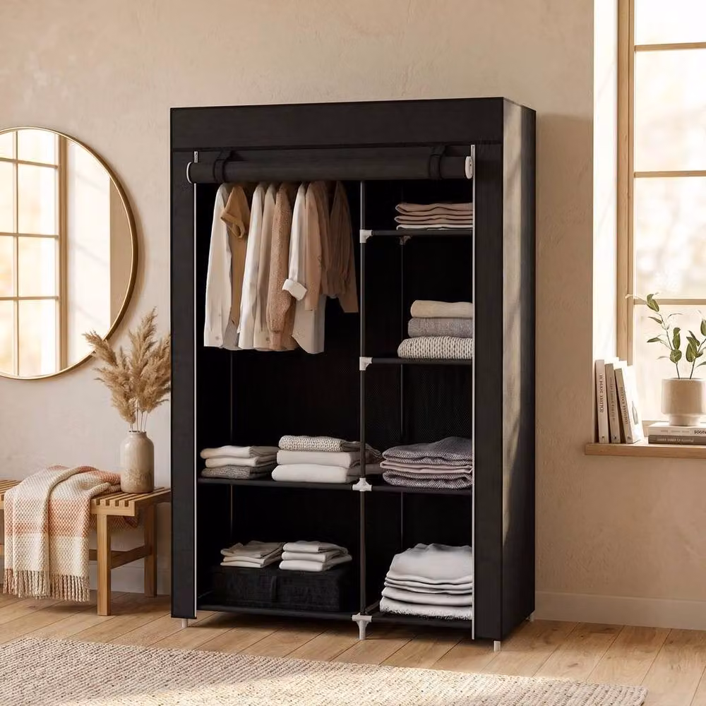 NESTLUNE Black Fabric Wardrobe with Internal Shelves and Hanging Rail, W/D/H: 100 x 15 x 162.5 cm – 6