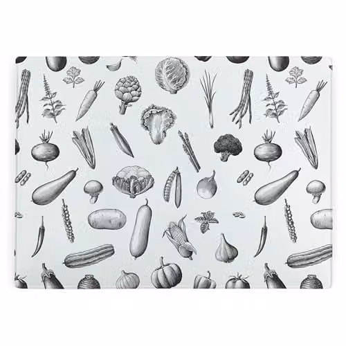 Purely Home Black and White Vegetables Rectangular Glass Worktop Protector with Non-Slip Feet, W: 39 cm, D: 28.5 cm