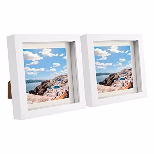 Nicola Spring Pack of 2 White Square 3D Box Photo Frames with Beige Mounts for Hanging or Standing