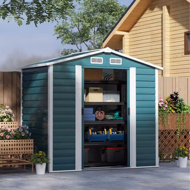 Outsunny Green Galvanised Steel Metal Garden Shed with Lockable Sliding Doors and Side Vent, W/D/H: 213.36 x 122 x 122 cm