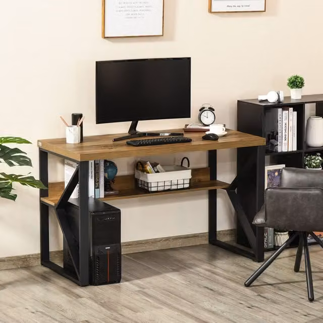 HOMCOM Industrial Workstation Computer Desk with Storage Shelf in Brown and Black