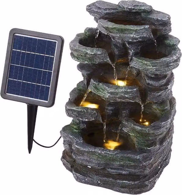 Kelvenix Grey Solar Rockery Cascade Water Fountain with Rustic Stone Effect, W/D/H: 45 x 45 x 28 cm
