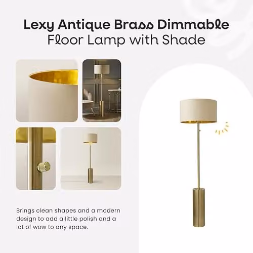 ValueLights Antique Brass Single Stem Rotary Dimmer Switch Floor Lamp with Black and Gold Fabric Cylinder Shade and LED Bulb – 1