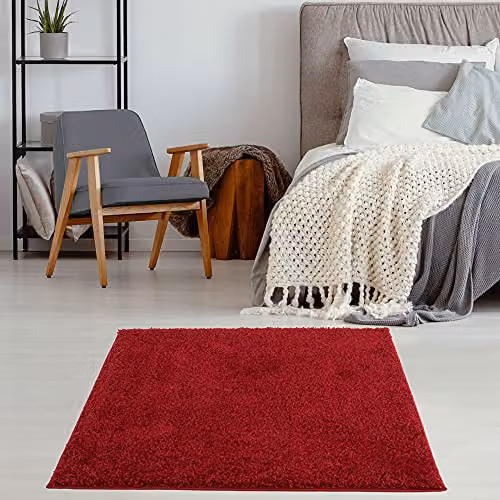 THE RUGS Red Plain Shaggy Square Rug, W/D: 120 x 120 cm – 3