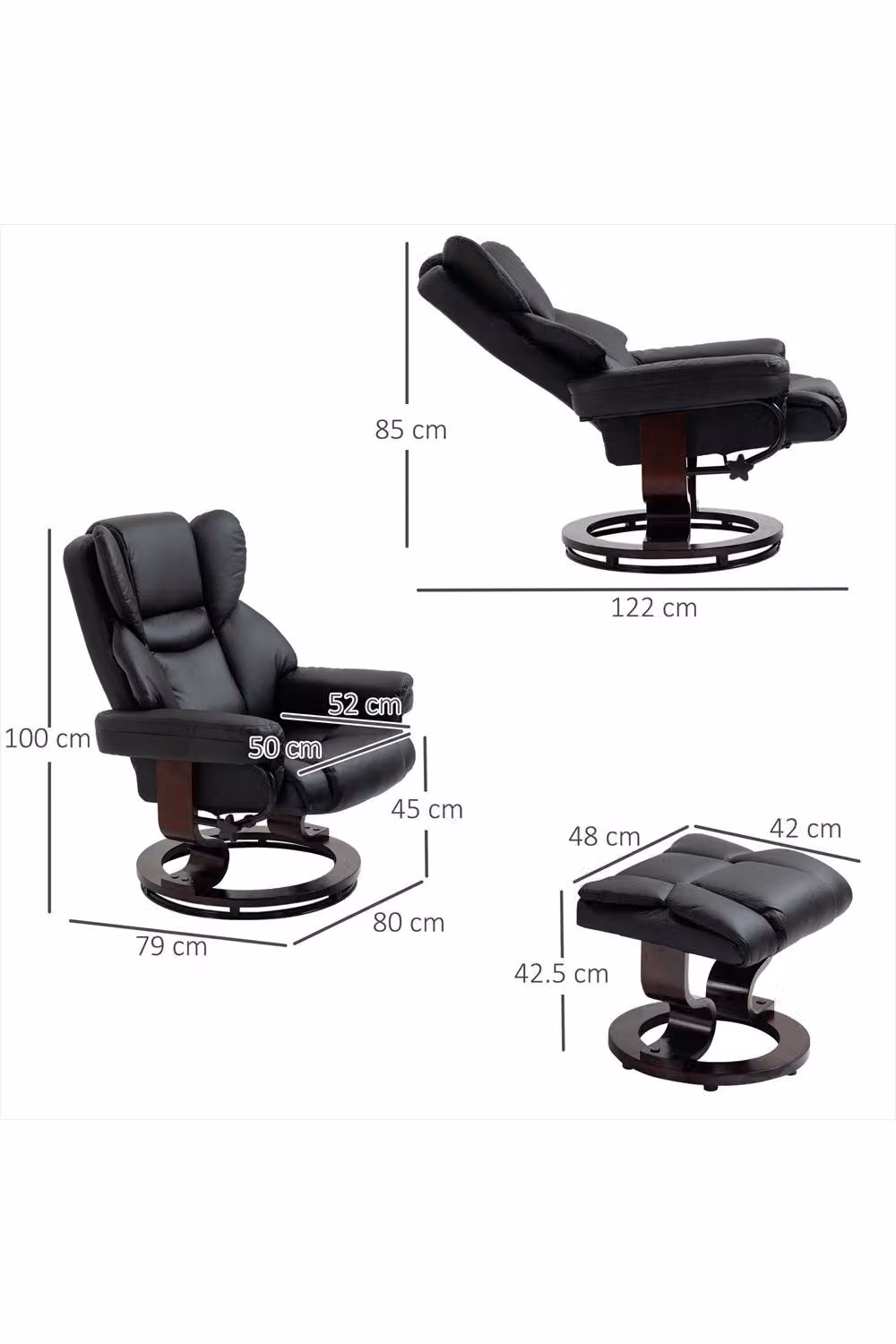 ERGOVEXA 360 Swivel Recliner Chair with Ottoman in Black Synthetic Leather – 2
