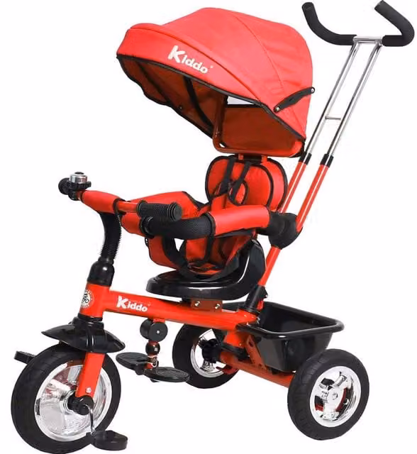 Kiddo 4-in-1 Smart Design Metal Frame Tricycle with Canopy and Push Handle, Red