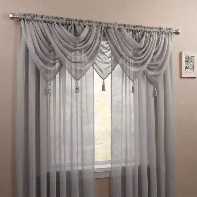 Luxury Living Silver Voile Swag 5 Piece Set of Soft Sheer Curtains with Tassels, Width: 56 cm, Drop: 45 cm – 1