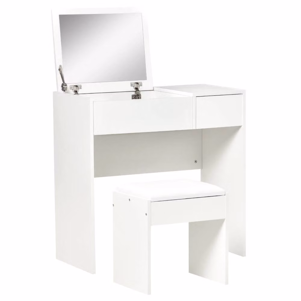 Pirlo Plush 2-in-1 Flip-Up Dressing Table and Workstation with Stool in White – 4