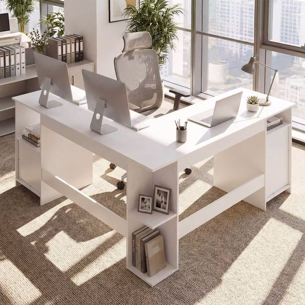 Gymax L-Shaped Corner Executive Office Desk with Charging Station, White – 3