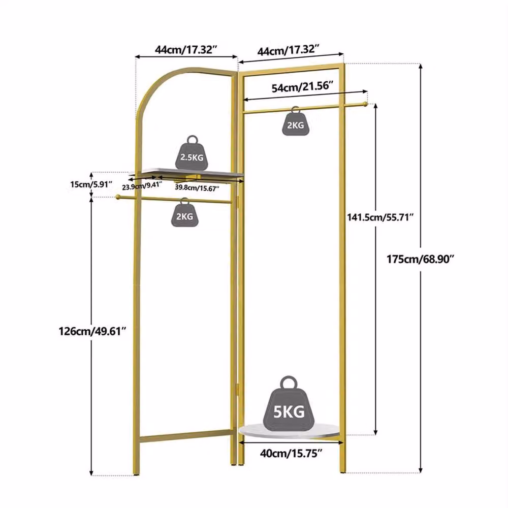 KORVIXA Gold Metal Freestanding Unfoldable Garment Rack with Dual Hook and Rail Matrix – 2