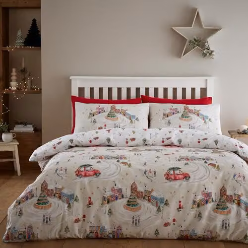 Catherine Lansfield Christmas Town Reversible Double Duvet Cover Set with Pillowcases, Beige and Multicolour, W/D/H: 200 x 200 cm, Pillowcases: 50 x 75 cm