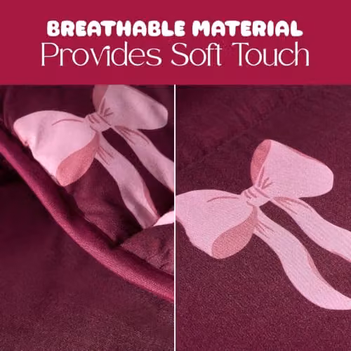 OHS 10.5 Tog Coverless Microfibre Single Duvet and Pillowcase Set with Bow Print, Burgundy, W/D/H: 135 x 200 cm – 3