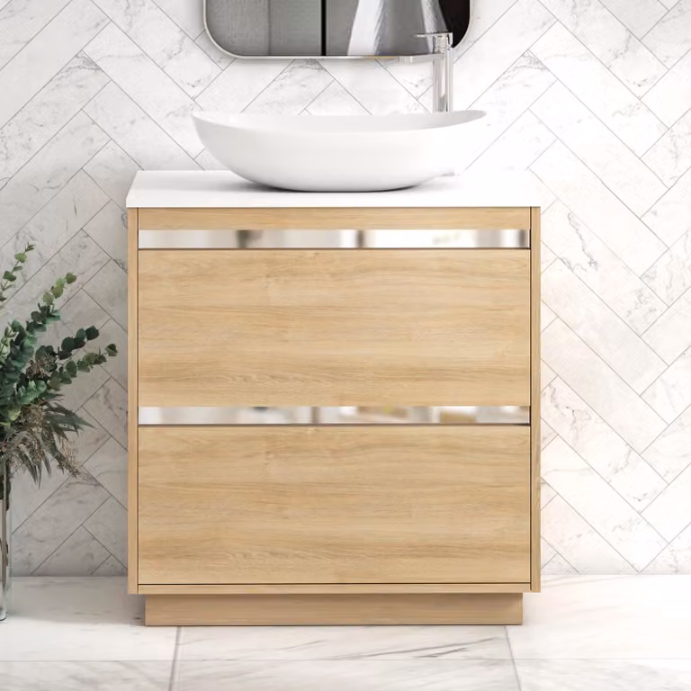 Royal Bathrooms Orion 800mm Natural Oak Floor Standing 2 Drawer Vanity Unit with Cesar Basin and Chrome Accent Trim in White