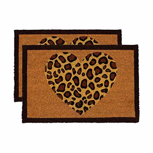 Nicola Spring Leopard Heart Coir Door Mat Set of 2, Multicolour, W: 60 cm, D: 40 cm