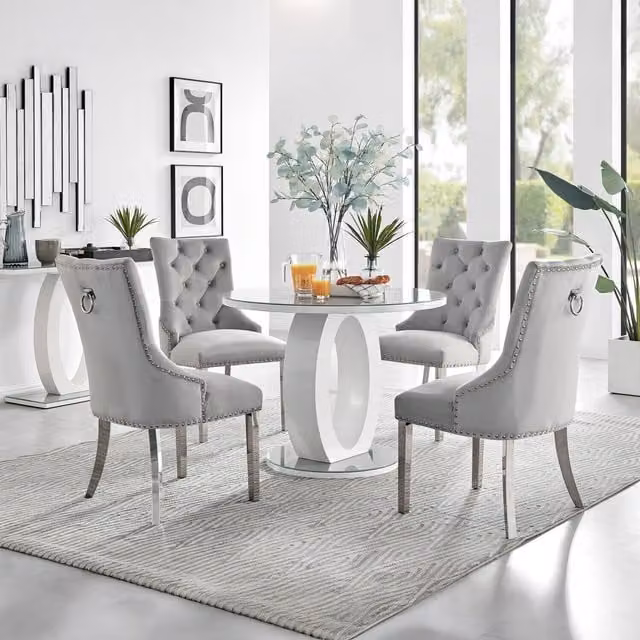 FurnitureboxUK Giovani Round Grey Glass Dining Table and 4 Grey Velvet Belgravia Chairs