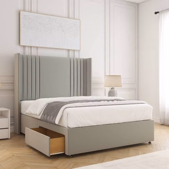 BSSPOKE Cheshire Super King Divan Bed with 54 inch Headboard and 2 Drawers in Silver Plush Velvet, W/D/H: 200 x 160 x 30.48 cm