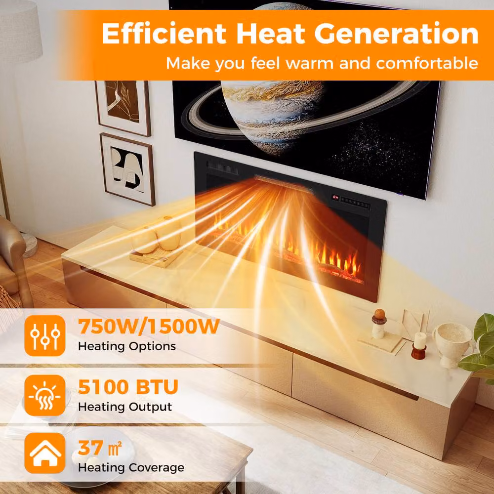 Costway Recessed 36 inch Electric Fireplace Wall Mounted Heater with Sleep Mode in Black – 10