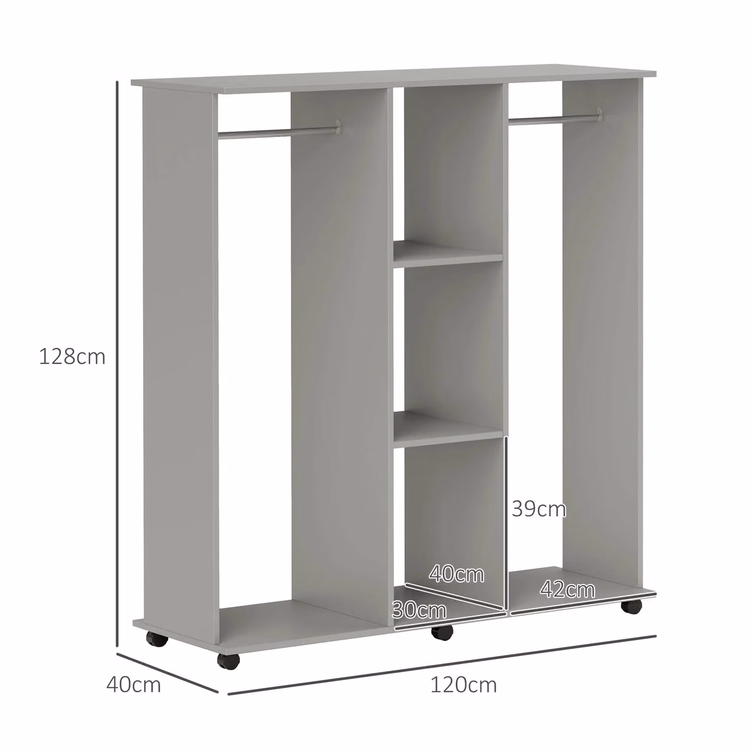 HOMCOM Mobile Double Open Wardrobe with Clothes Hanging Rail in Grey, W/D/H: 128 x 40 x 40 cm – 3