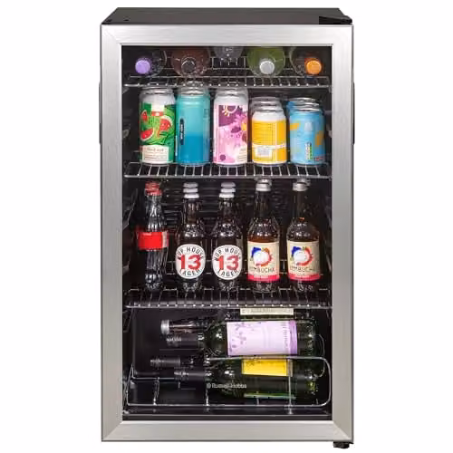 Russell Hobbs RH48BC101SS Undercounter Freestanding Beverage Fridge in Stainless Steel with Glass Door and LED Light, 93 Litre Capacity