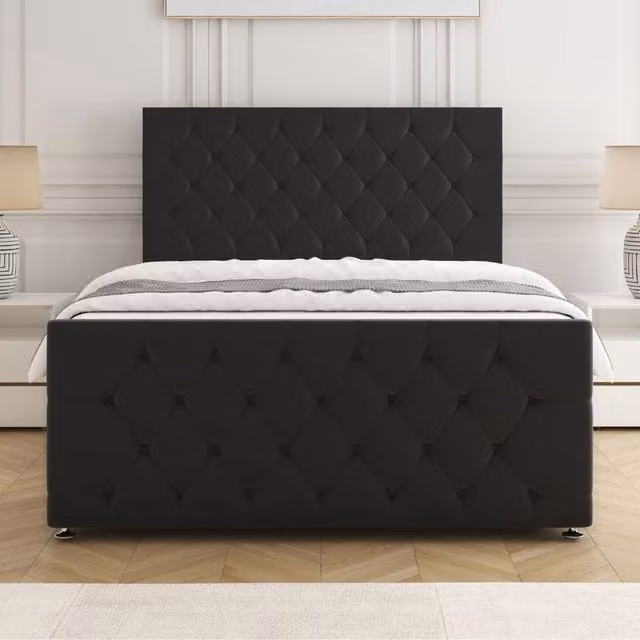 BSSPOKE Maya Single Divan Bed Set with 24 inch Headboard and Mattress in Black Plush Velvet