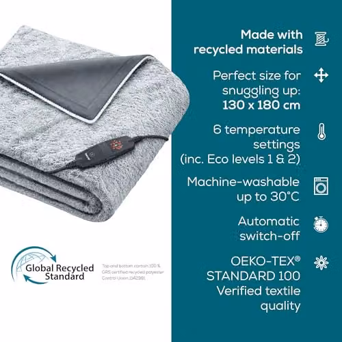 Beurer HD 75 Nordic Grey Electric Fleece Blanket with 6 Temperature Levels, W/D/H: 180 x 130 cm – 6