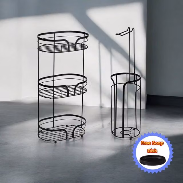 Showerdrape Dante Freestanding Metal Floor Caddy and Toilet Roll Holder in Black, H: 57.0 cm, W: 28.5 cm, D: 2.0 cm – 1