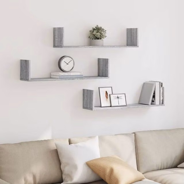 Berkfield Home Set of 3 Wall Mounted Shelves in Grey Sonoma, W/D/H: 80 x 18 x 18 cm